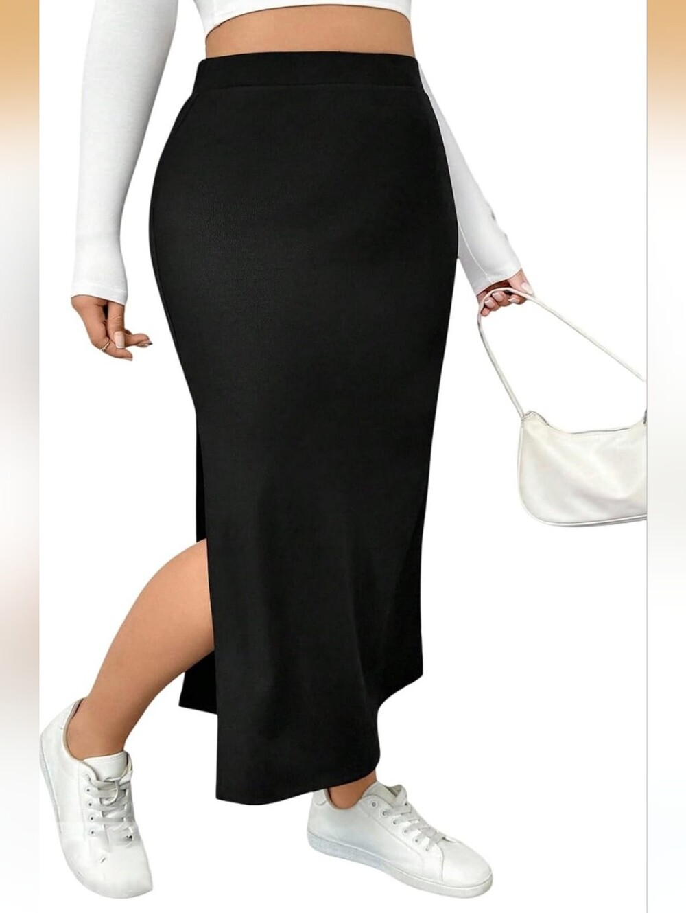 WDIRARA Women's Plus Size Midi Skirt With Slit In Black